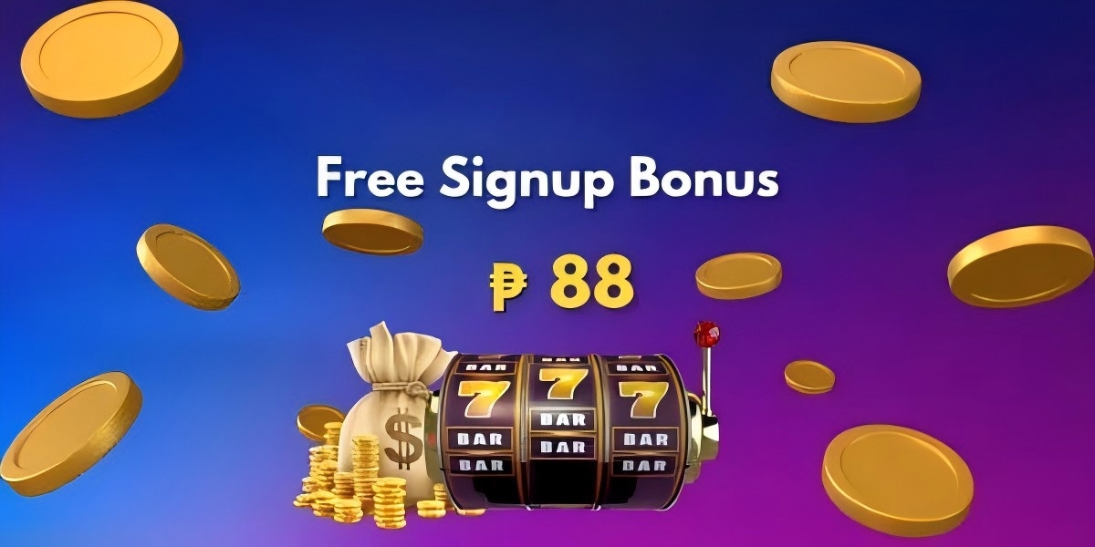 Free signup bonus artwork with gold coins and a classic slot machine